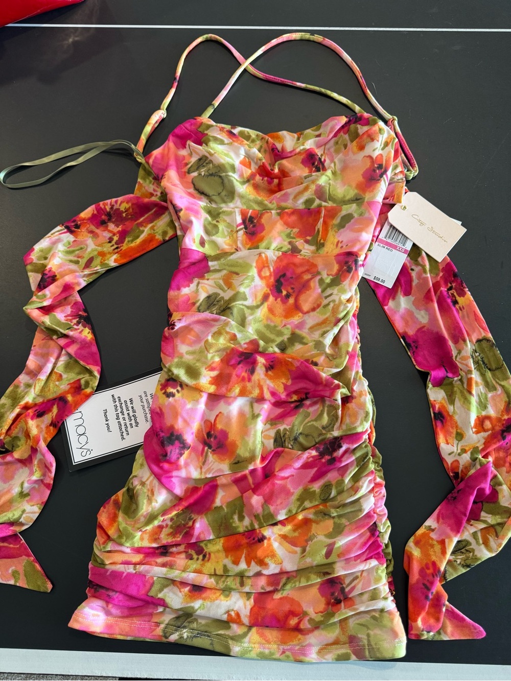NWT Sleeveless Floral Ruched Slip Dress with a belt.